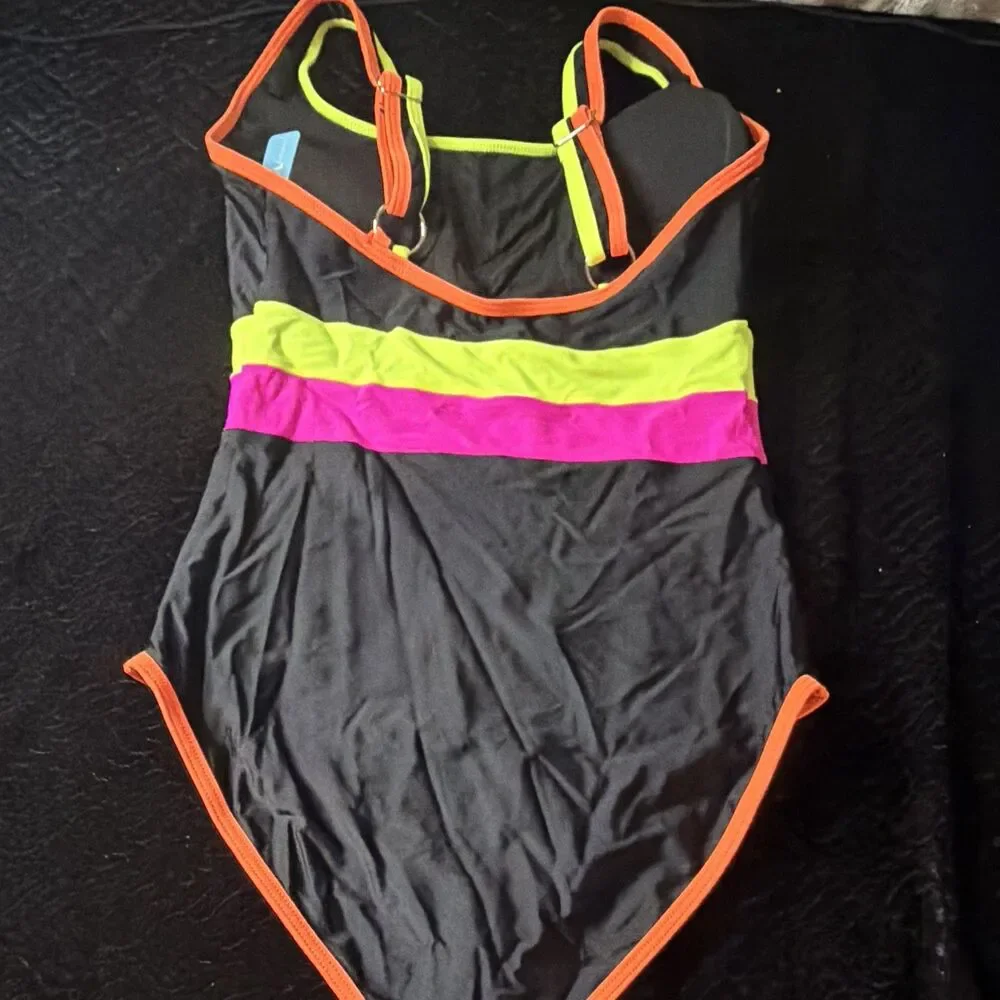 Popvil Women's Black Neon Colorblock One Piece Swimsuit Wide Straps, S